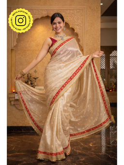 Isadora Life - Womens Woven Zari Beige Pre-Draped Saree With Unstitched Blouse