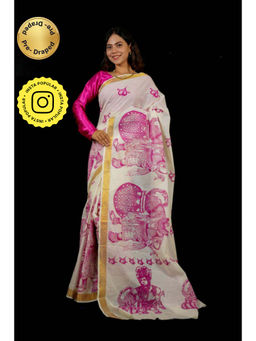 Isadora Life - Womens Printed White Pre-Draped Saree With Unstitched Blouse