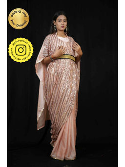 Isadora Life - Womens Sequined Peach Pre-Draped Saree With Unstitched Blouse And Belt