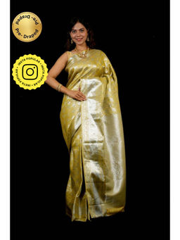 Isadora Life - Womens Woven Zari Yellow Pre-Draped Saree With Unstitched Blouse