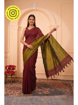 Isadora Life - Womens Woven Tassels Maroon Pre-Draped Saree With Unstitched Blouse