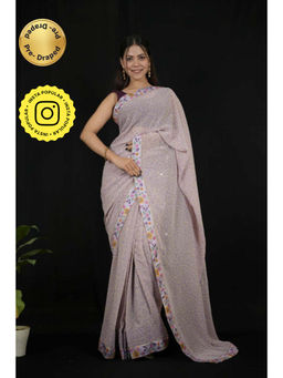 Isadora Life - Womens Bandhani Printed Grey Pre-Draped Saree With Unstitched Blouse