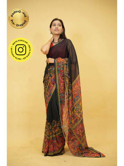 Isadora Life - Womens Printed Black Pre-Draped Saree With Unstitched Blouse