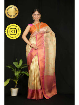 Isadora Life - Womens Woven Zari Beige Pre-Draped Saree With Unstitched Blouse