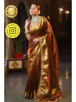 Isadora Life - Womens Woven Zari Brown Pre-Draped Saree With Unstitched Blouse