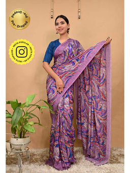 Isadora Life - Womens Printed Purple Pre-Draped Saree With Unstitched Blouse