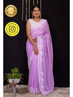 Isadora Life - Womens Embroidered Thread Work Lavender Pre-Draped Saree With Unstitched Blouse