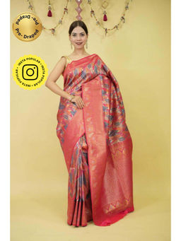 Isadora Life - Womens Floral Zari Pink Pre-Draped Saree With Unstitched Blouse