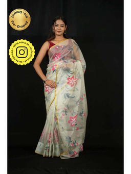 Isadora Life - Womens Floral Printed Cream Pre-Draped Saree With Unstitched Blouse