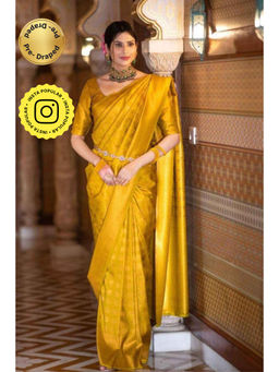 Isadora Life - Womens Woven Zari Yellow Pre-Draped Saree With Unstitched Blouse
