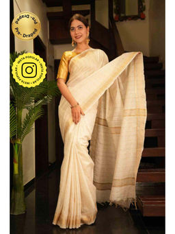 Isadora Life - Womens Checks Zari Ivory Pre-Draped Saree With Unstitched Blouse