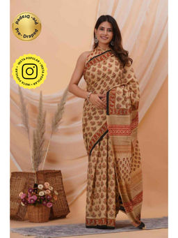 Isadora Life - Womens Block Print Beige Pre-Draped Saree With Unstitched Blouse