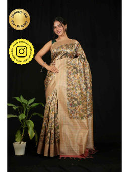 Isadora Life - Womens Floral Printed Beige Pre-Draped Saree With Unstitched Blouse