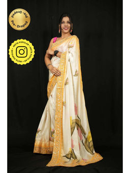 Isadora Life - Womens Floral Embroidered Ivory Pre-Draped Saree With Unstitched Blouse