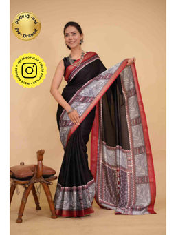 Isadora Life - Womens Printed Black Pre-Draped Saree With Unstitched Blouse