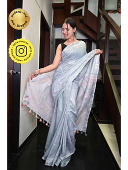 Isadora Life - Womens Printed Tassels Grey Pre-Draped Saree With Unstitched Blouse