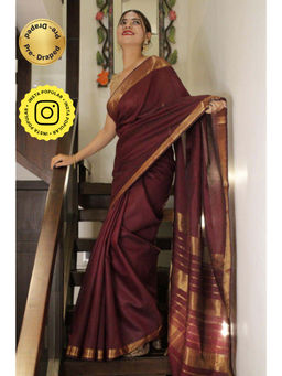 Isadora Life - Womens Woven Zari Maroon Pre-Draped Saree With Unstitched Blouse