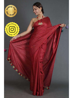 Isadora Life - Womens Stripes Tassels Maroon Pre-Draped Saree With Unstitched Blouse
