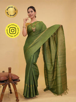 Isadora Life - Womens Stripes Zari Green Pre-Draped Saree With Unstitched Blouse
