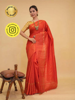 Isadora Life - Womens Stripes Zari Orange Pre-Draped Saree With Unstitched Blouse