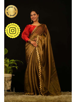Isadora Life - Womens Solid Embroidered Olive Pre-Draped Saree With Unstitched Blouse