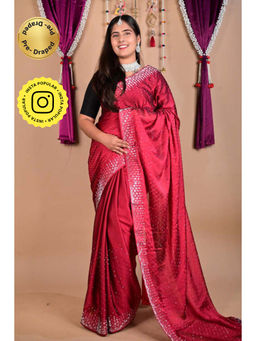 Isadora Life - Womens Beads Sequined Red Pre-Draped Saree With Unstitched Blouse