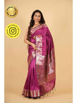 Isadora Life - Womens Woven Tassels Purple Pre-Draped Saree With Unstitched Blouse