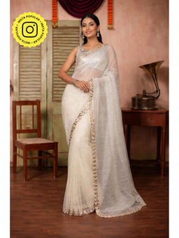 Isadora Life - Womens Sequined Mirror Work White Pre-Draped Saree With Unstitched Blouse