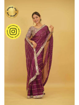 Isadora Life - Womens Sequined Mirror Work Purple Pre-Draped Saree With Unstitched Blouse