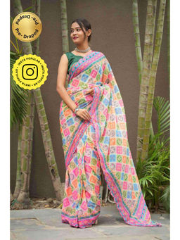 Isadora Life - Womens Printed Mirror Work Multi-Color Pre-Draped Saree With Unstitched Blouse