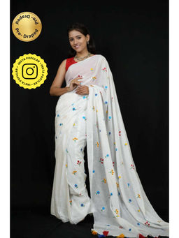 Isadora Life - Womens Embroidered Tassels White Pre-Draped Saree With Unstitched Blouse