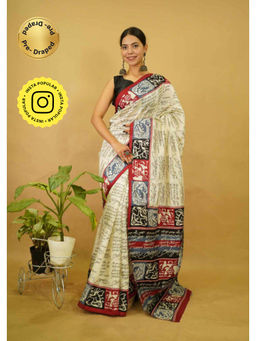 Isadora Life - Womens Typography Printed Cream Pre-Draped Saree With Unstitched Blouse