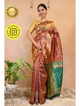Isadora Life - Womens Woven Zari Red Pre-Draped Saree With Unstitched Blouse