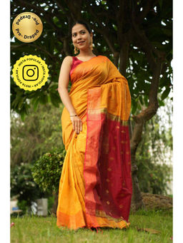 Isadora Life - Womens Woven Tassels Yellow Pre-Draped Saree With Unstitched Blouse