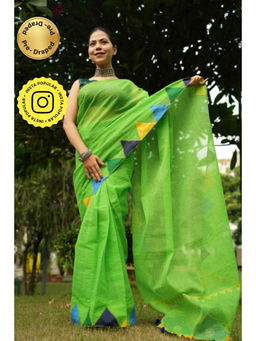 Isadora Life - Womens Solid Tassels Green Pre-Draped Saree With Unstitched Blouse