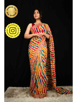 Isadora Life - Womens Leheriya Multi-Color Pre-Draped Saree With Unstitched Blouse