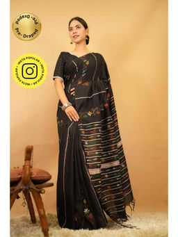 Isadora Life - Womens Embroidered Tassels Black Pre-Draped Saree With Unstitched Blouse