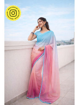Isadora Life - Womens Ombre Lace Work Multi-Color Pre-Draped Saree With Unstitched Blouse