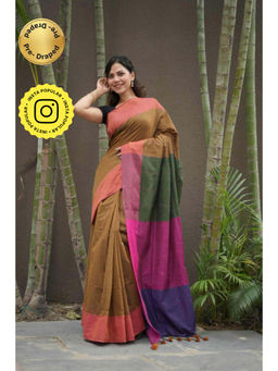 Isadora Life - Womens Colorblock Tassels Multi-Color Pre-Draped Saree With Unstitched Blouse