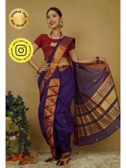 Isadora Life - Womens Woven Zari Purple Pre-Draped Saree With Unstitched Blouse