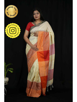 Isadora Life - Womens Woven Tassels Cream Pre-Draped Saree With Unstitched Blouse