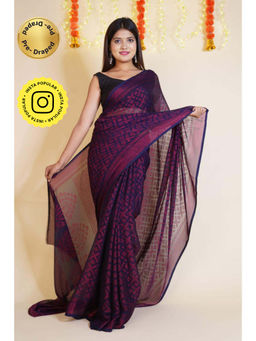 Isadora Life - Womens Printed Purple Pre-Draped Saree With Unstitched Blouse