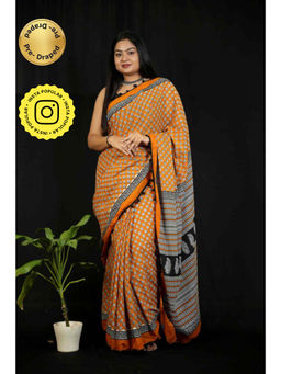 Isadora Life - Womens Block Print Mustard Pre-Draped Saree With Unstitched Blouse