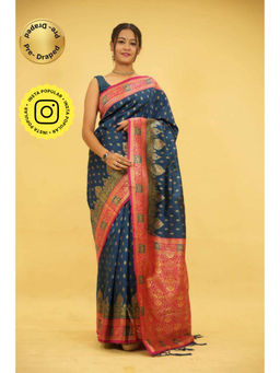 Isadora Life - Womens Woven Tassels Blue Pre-Draped Saree With Unstitched Blouse