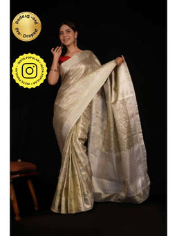 Isadora Life - Womens Woven Zari Silver Pre-Draped Saree With Unstitched Blouse