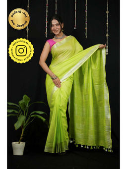 Isadora Life - Womens Solid Tassels Green Pre-Draped Saree With Unstitched Blouse