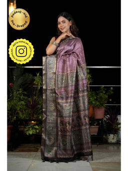 Isadora Life - Womens Woven Kalamkari Purple Pre-Draped Saree With Unstitched Blouse