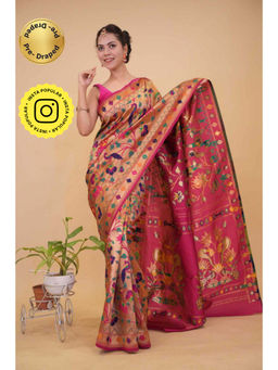 Isadora Life - Womens Floral Zari Pink Pre-Draped Saree With Unstitched Blouse