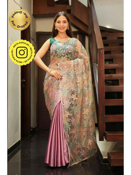 Isadora Life - Womens Embroidered Sequined Pink Pre-Draped Saree With Unstitched Blouse