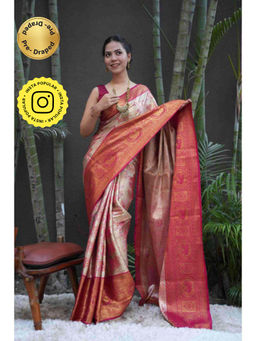 Isadora Life - Womens Floral Zari Beige Pre-Draped Saree With Unstitched Blouse